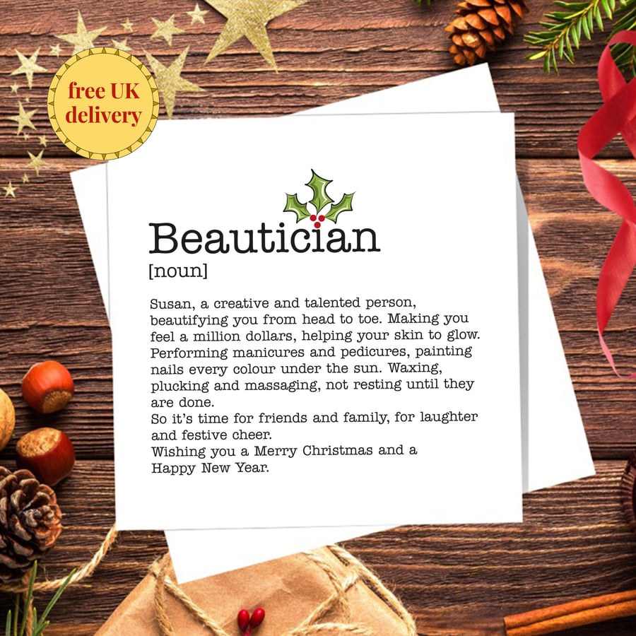 Beautician Definition Personalised Christmas Card - blank inside