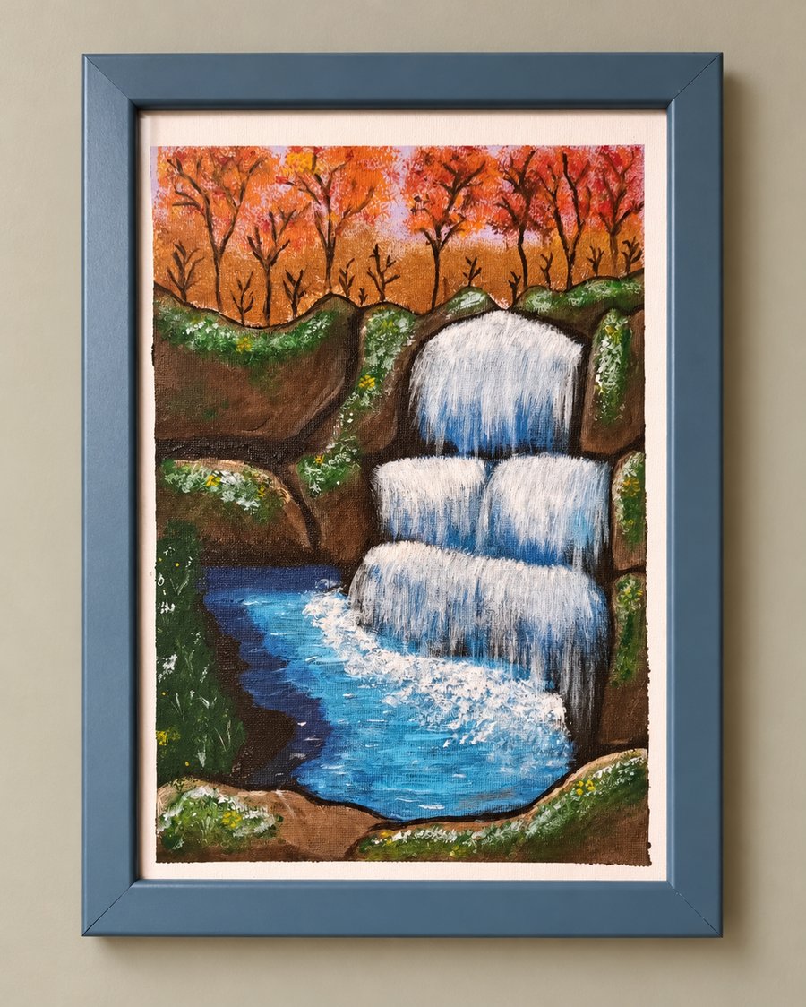Original Autumn Waterfall Painting – Autumn Cascade – Woodland Landscape