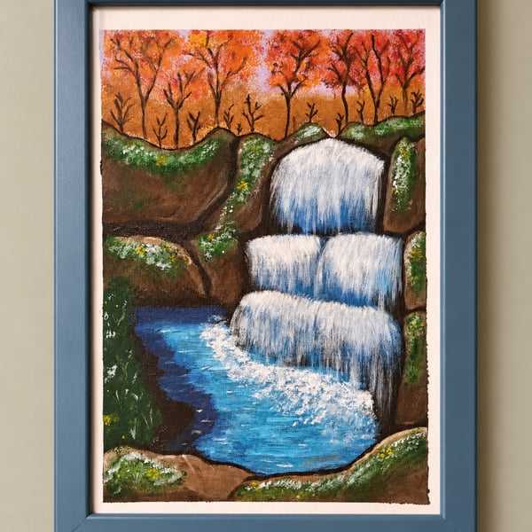 Original Autumn Waterfall Painting – Autumn Cascade – Woodland Landscape