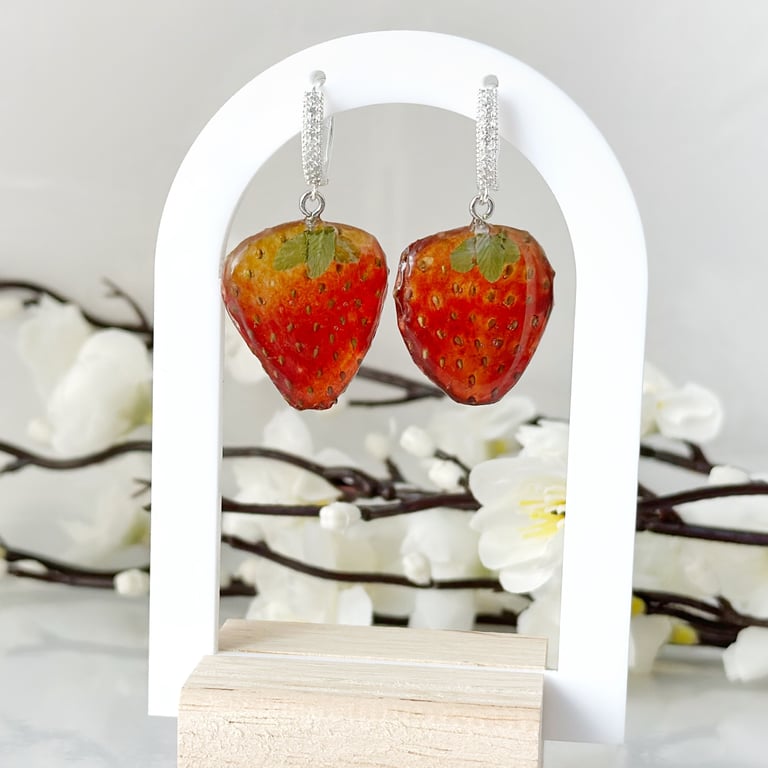 Real Strawberry Resin Earrings with Sterling Silver Hoops - Fruit jewellery