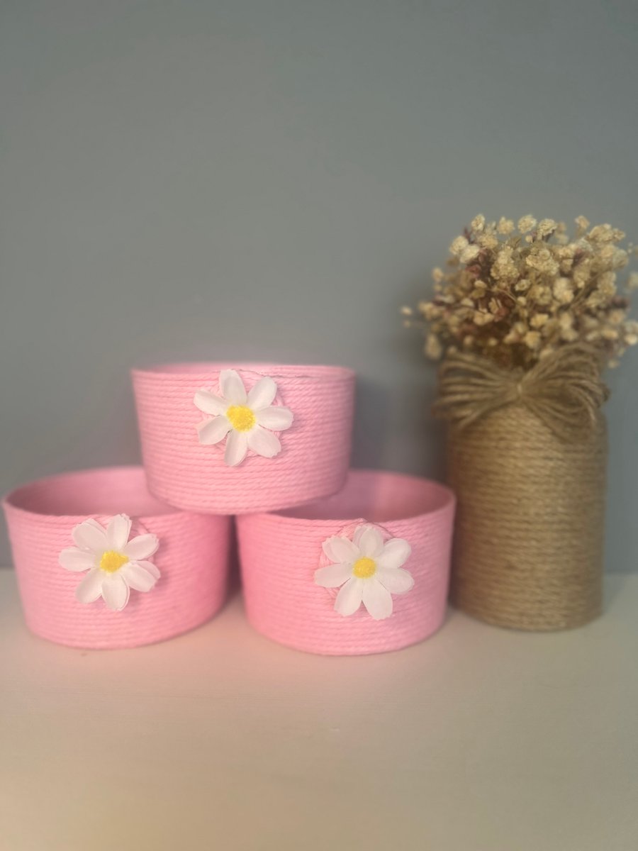 Set Of Three Handmade Pink Twine Storage Pot with Daisy Detail – Cottage Style H