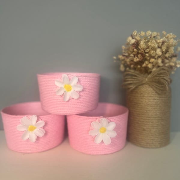 Set Of Three Handmade Pink Twine Storage Pot with Daisy Detail – Cottage Style H