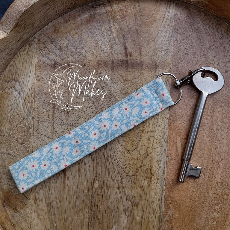 Floral Tilda Fabric Wristlet keyring for Keys or Phone - Fabric Keyfob - Teal