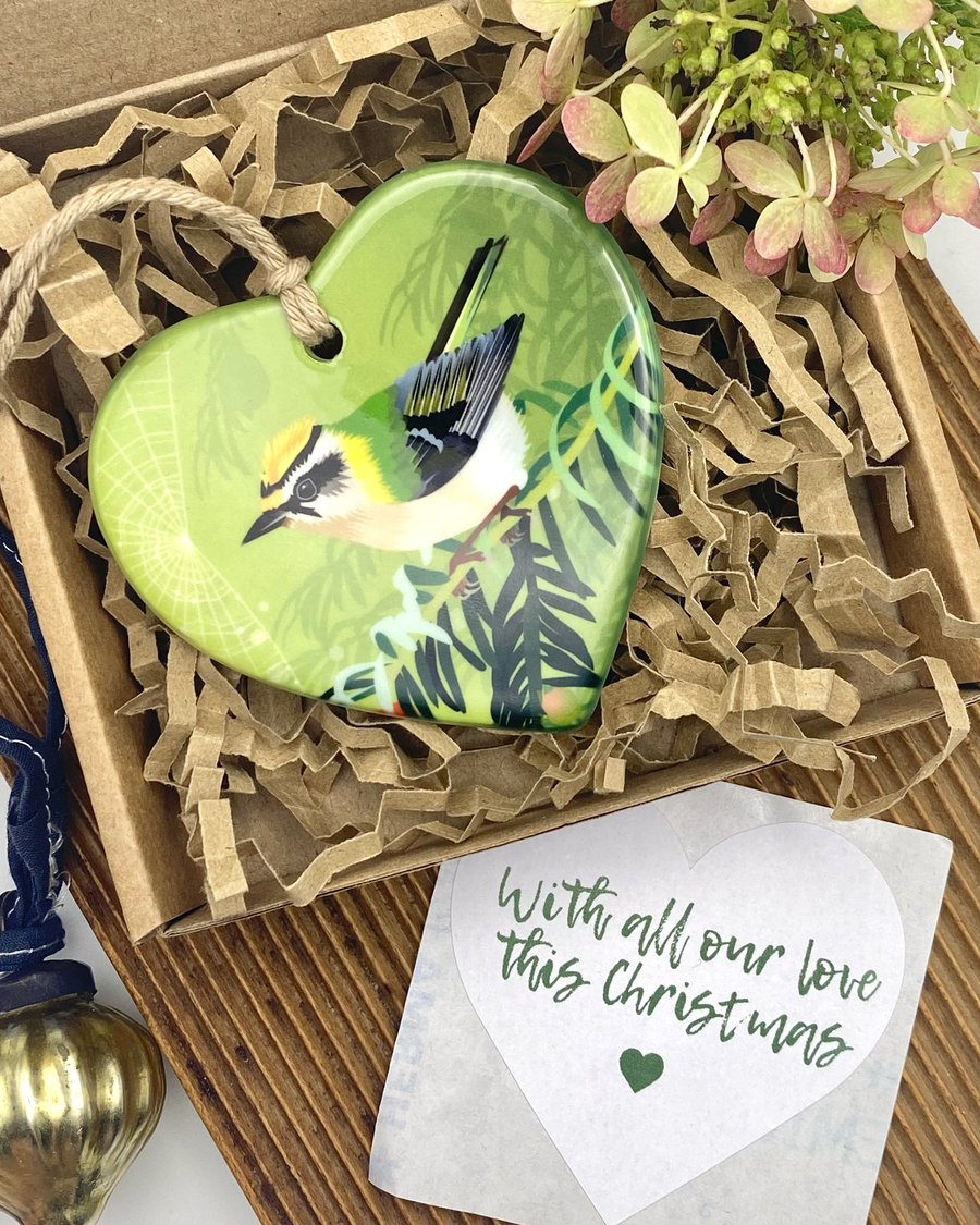 Festive Firecrest Heart - British Bird Christmas Decoration or Keepsake Gift