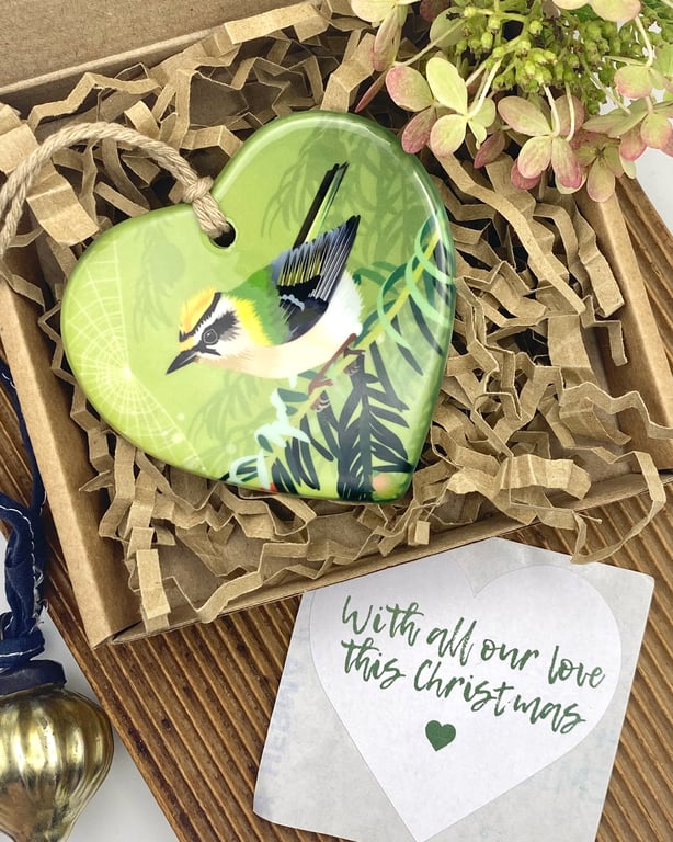 Festive Firecrest Heart - British Bird Christmas Decoration or Keepsake Gift