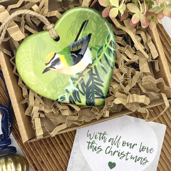 Festive Firecrest Heart - British Bird Christmas Decoration or Keepsake Gift