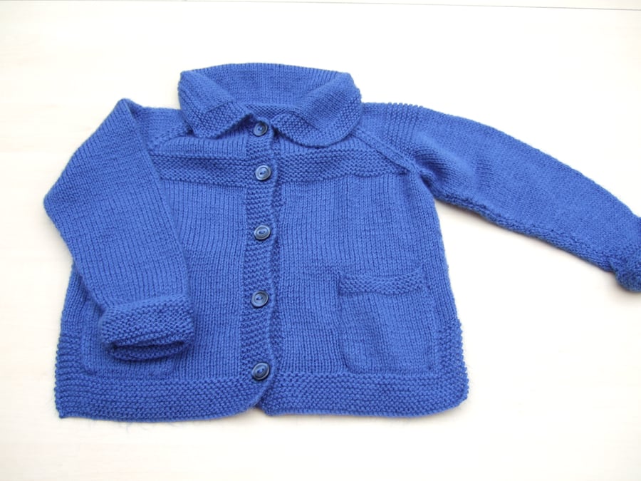 Hand knitted boys girls blue cardigan with pockets 2 - 3 years