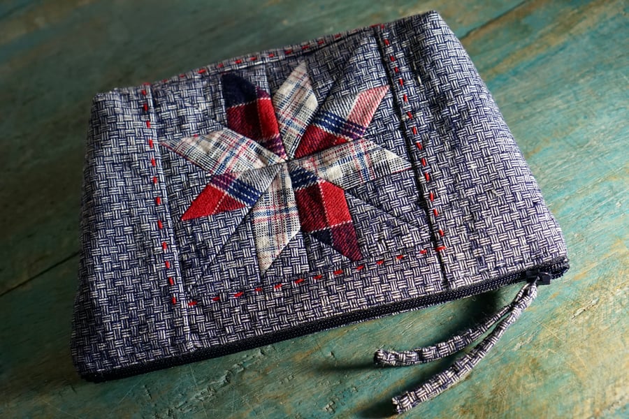Star Patchwork Makeup Bag, Handmade Fabric Pouch, Vintage Fabric Bag