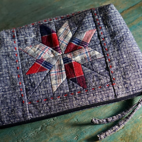 Star Patchwork Makeup Bag, Handmade Fabric Pouch, Vintage Fabric Bag