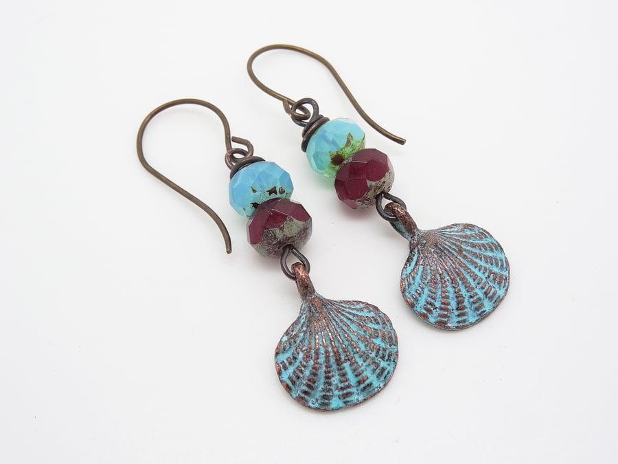 Mykonos Patina Clam Shell Earrings, Burgundy Earrings, Aqua Blue Earrings. 
