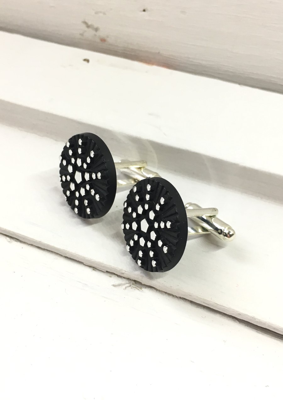 Black Colour Button with silver dotted design Cufflinks, Gift for Men, Gift for 
