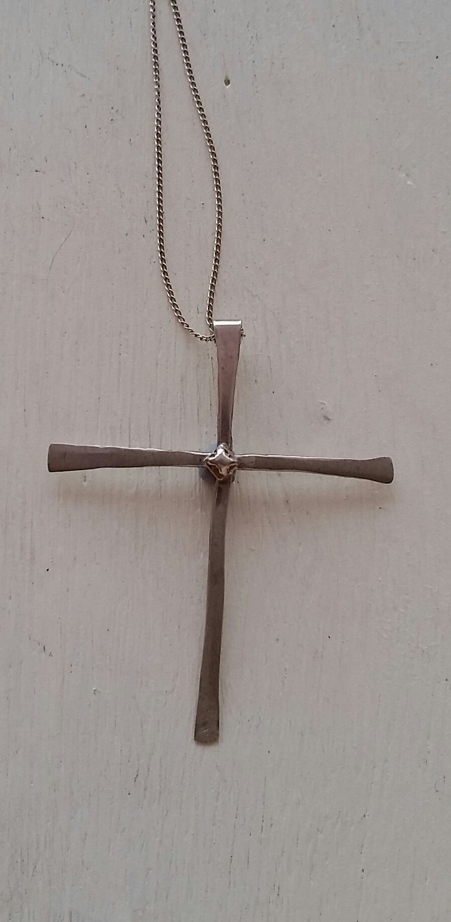 Sterling Silver long cross with feature centre button