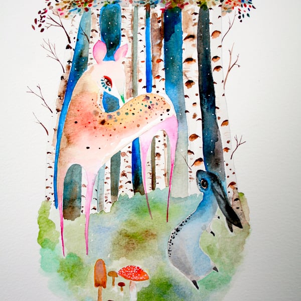 Deer & Rabbit Watercolour Original