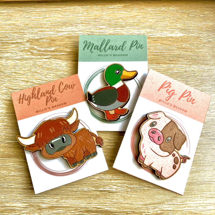 Highland cow, Duck and Pig pin badges set of 3