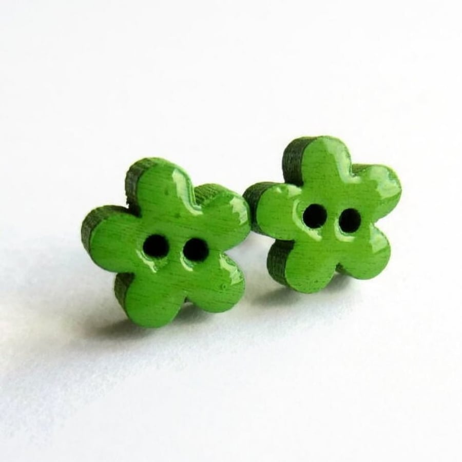 Bright Green Wooden Flower Button Stud Earrings - Hypoallergenic