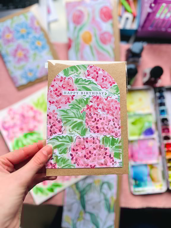 Pink Hydrangea Flower Birthday Card, Eco Friendly Cards