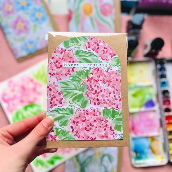 Pink Hydrangea Flower Birthday Card, Eco Friendly Cards