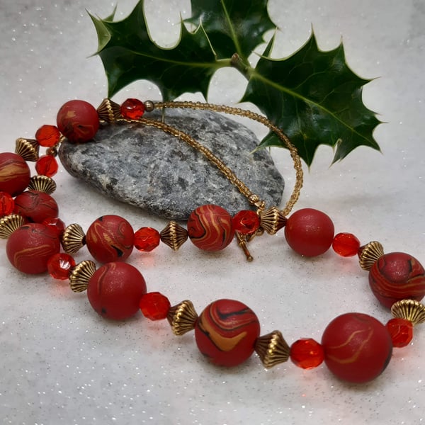 Red and gold polymer clay necklace