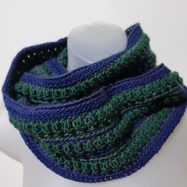 Infinity scarf in blue green acrylic merino mix.  Warm soft washable 