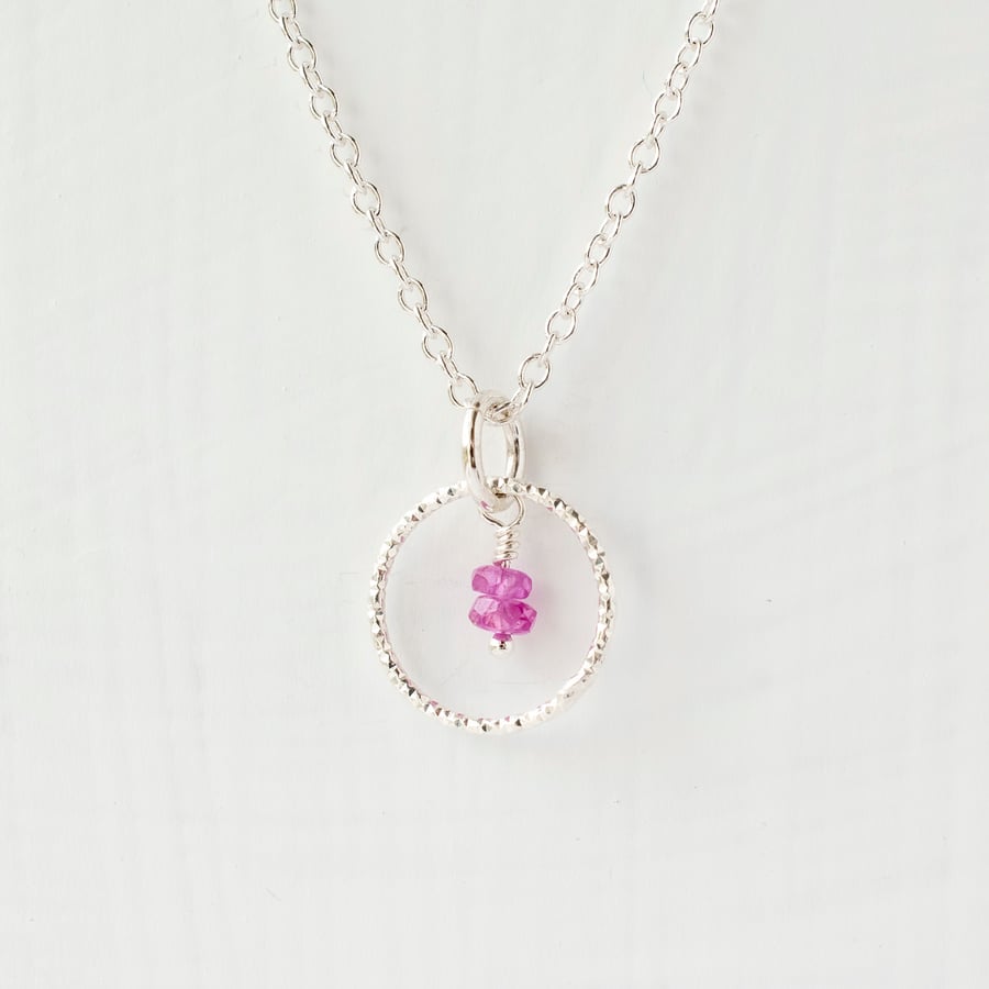 Pink Sapphire with delicate Sterling Silver Slim Circle Pendant Necklace