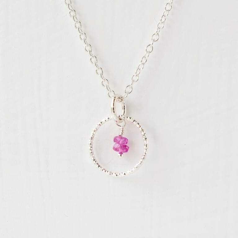 Pink Sapphire with delicate Sterling Silver Slim Circle Pendant Necklace