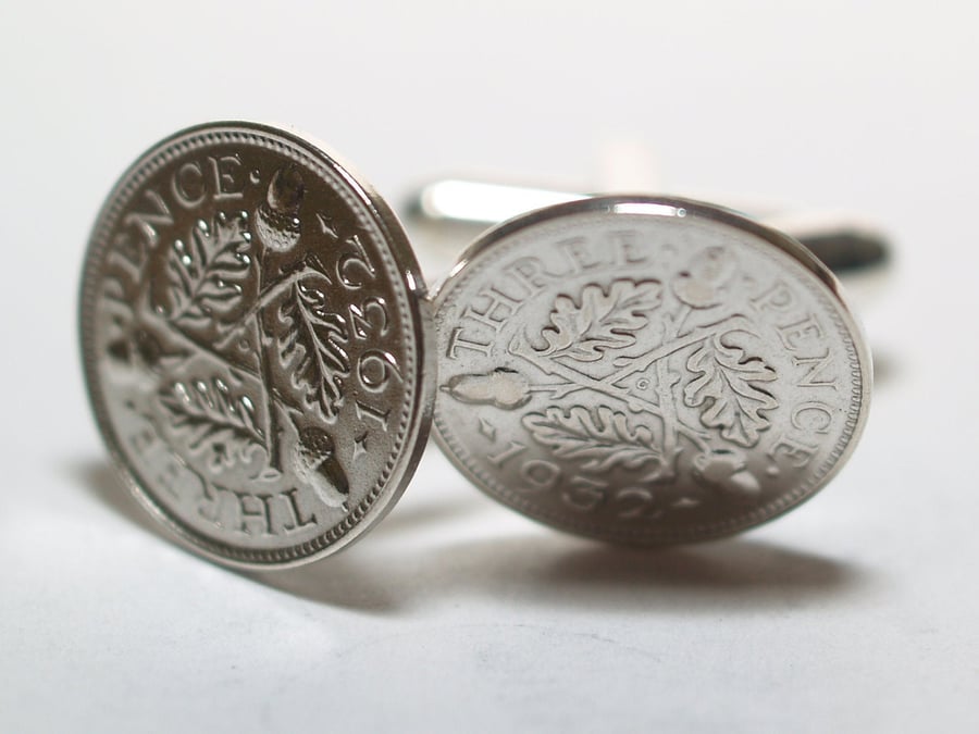 1932 Silver Threepence Cufflinks 89th birthday. Original Silver threepence coin