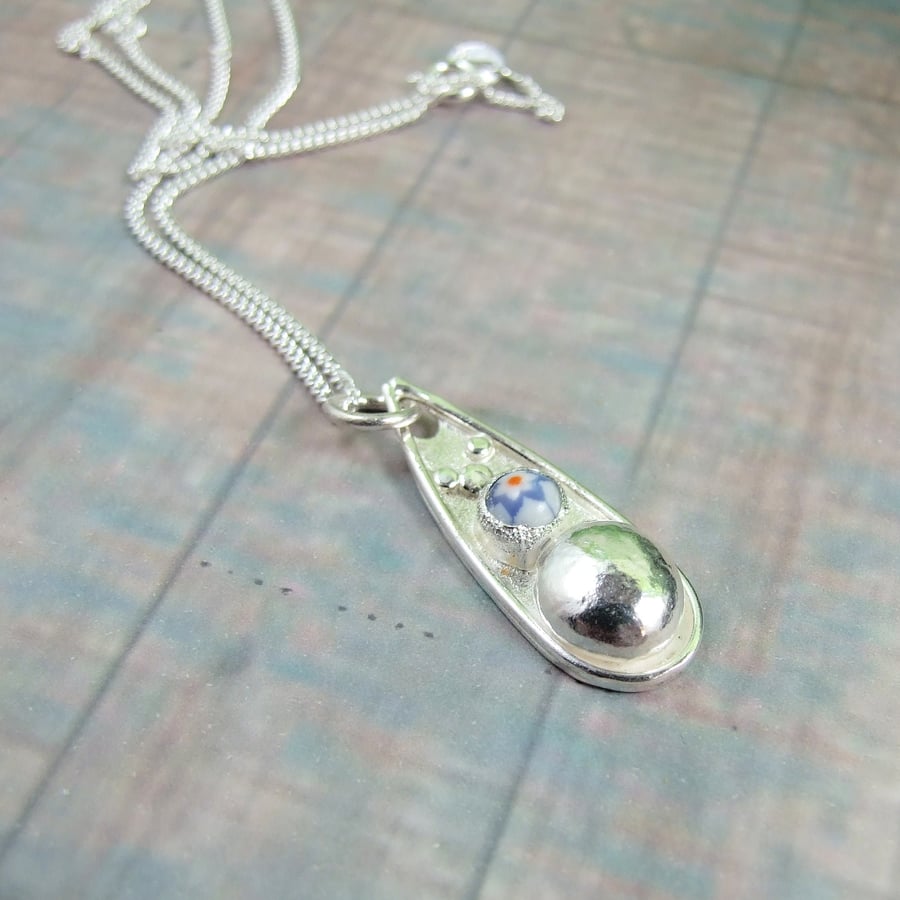 Floral Glass Necklace, Sterling Silver Teardrop Pendant