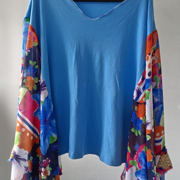 Lovely Blue Upcycled Boho Hippie Style Fun Flirty Plus Size Poncho
