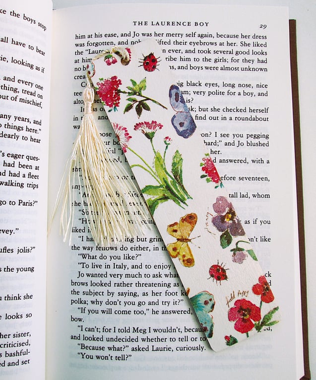 Butterflies and flowers wood decoupage bookmark with tassel