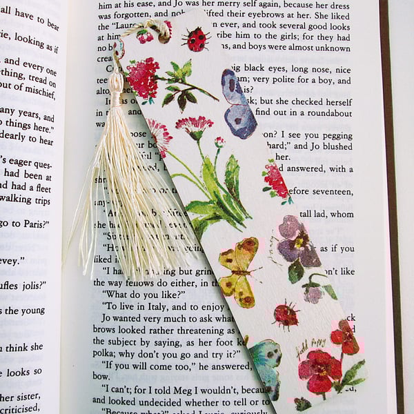 Butterflies and flowers wood decoupage bookmark with tassel