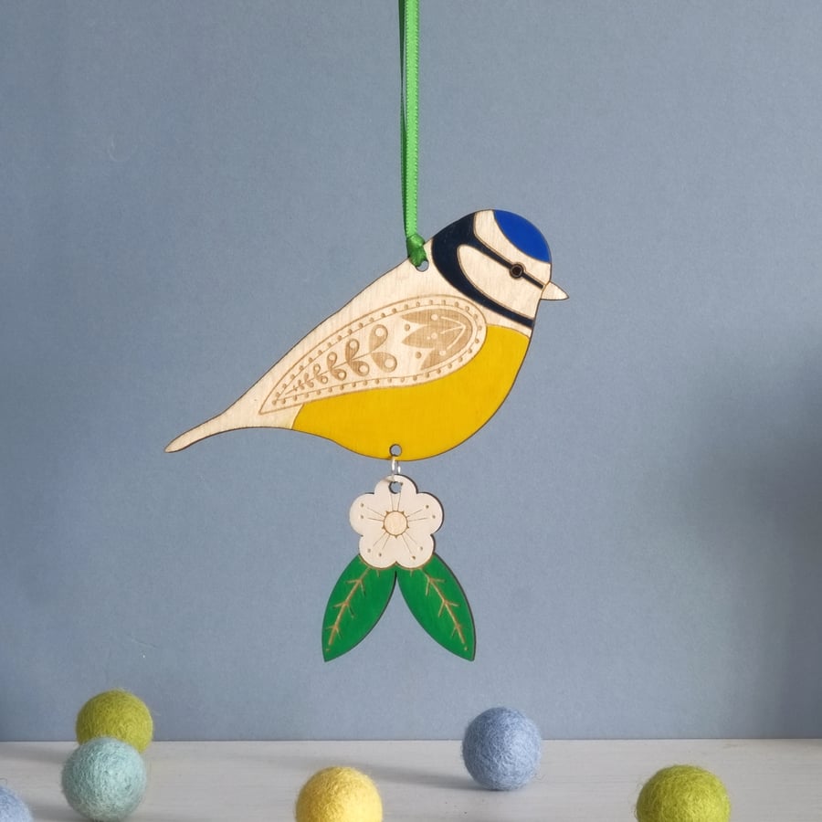 Wooden Blue Tit Hanging Decoration with Hawthorn Flower