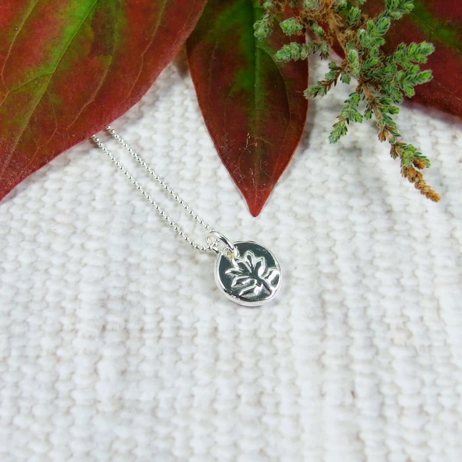 Silver Pebble Necklace with Leaf, Recycled Silver Pendant