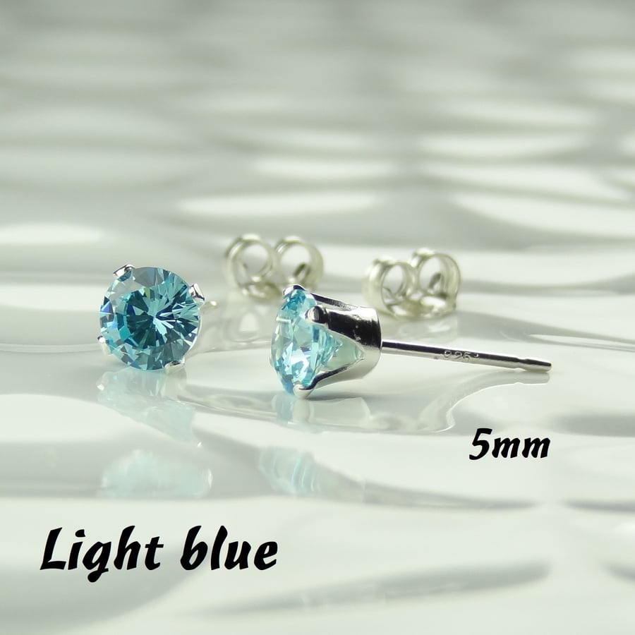 Cubic Zirconia stud earrings, sterling silver or 14k gold filled, light blue 5mm