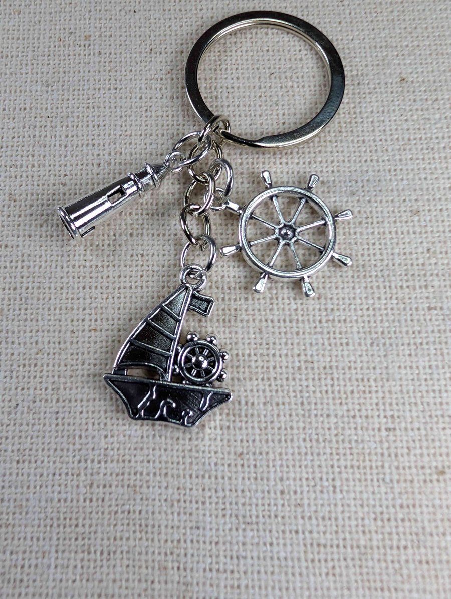Nautical Themed Keyring - 3 x Charms - Ship - Wheel - Lighthouse - Keychain