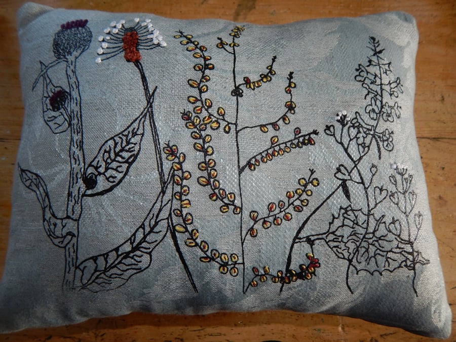 Wild flower dock leaf cushion-  screen printed small cushion. 33cm x 26cm