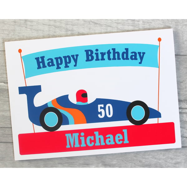 Personalised Racing Car Birthday Card for Dad, Brother, Son, Grandad.