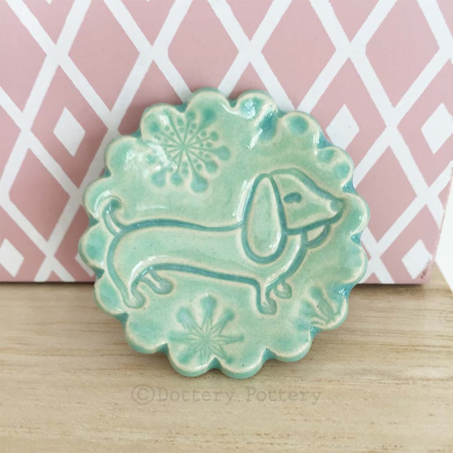 Tiny Blue Sausage Dog dish. Ring Dish, trinket dish, Doll's teaset