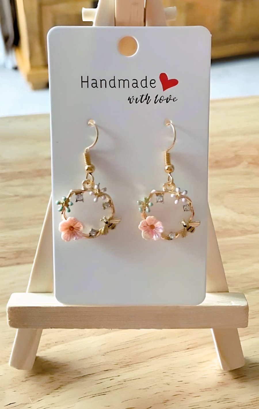 Pretty Flowers & Bee Gold Hoop Earrings, Flower Jewellery