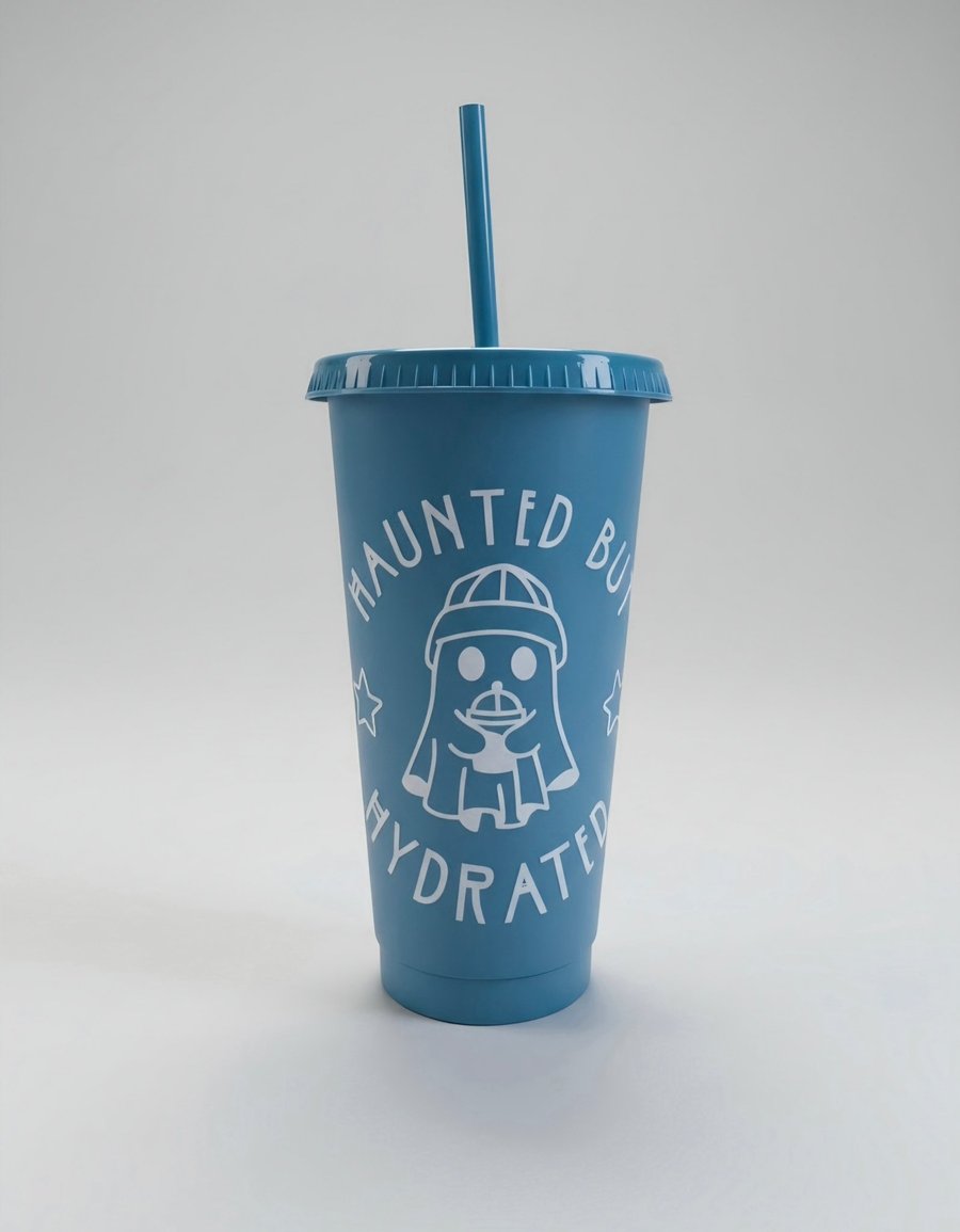 Haunted Ghost Reusable Cup with Straw, Spooky Cold Cup, Gothic Ghost Tumbler