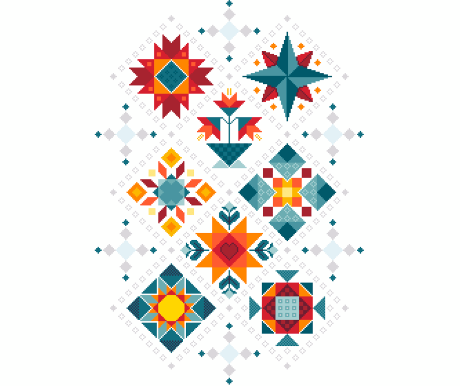 043C - Cross Stitch Shaker Patchwork - Small Colourful Amish Barn Quilt on white