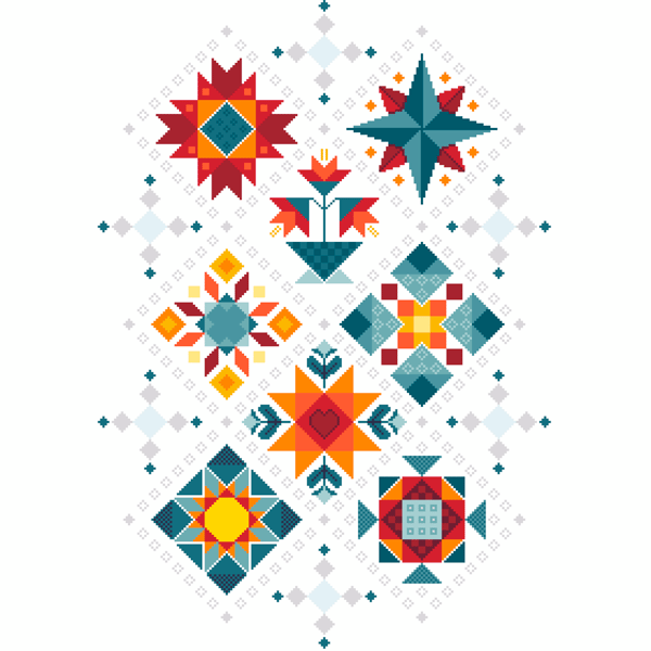 043C - Cross Stitch Shaker Patchwork - Small Colourful Amish Barn Quilt on white