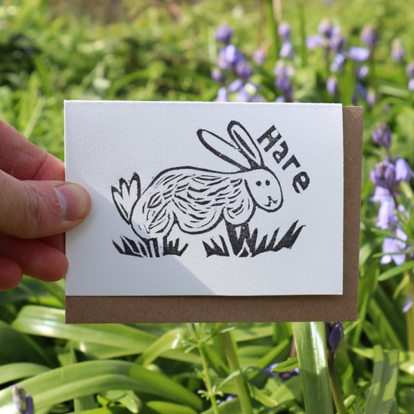 Handprinted linocut card featuring a hare - small card