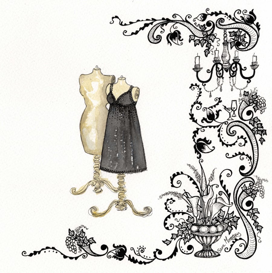 Little black dress on tailors dummy original watercolour painting