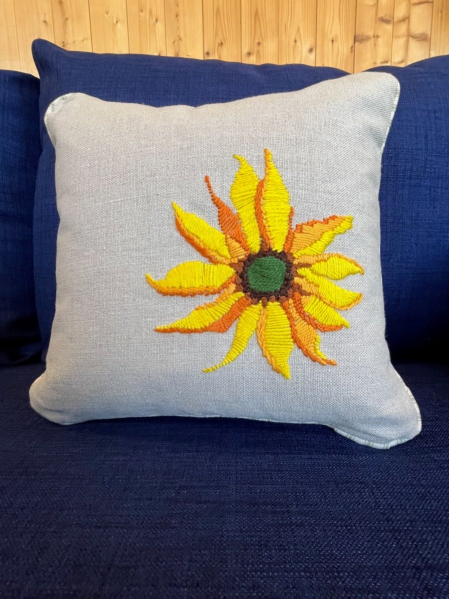 Natural linen cushion with hand sewn tapestry sunflower
