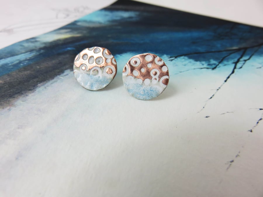 Enamel and Textured Copper Stud Earrings