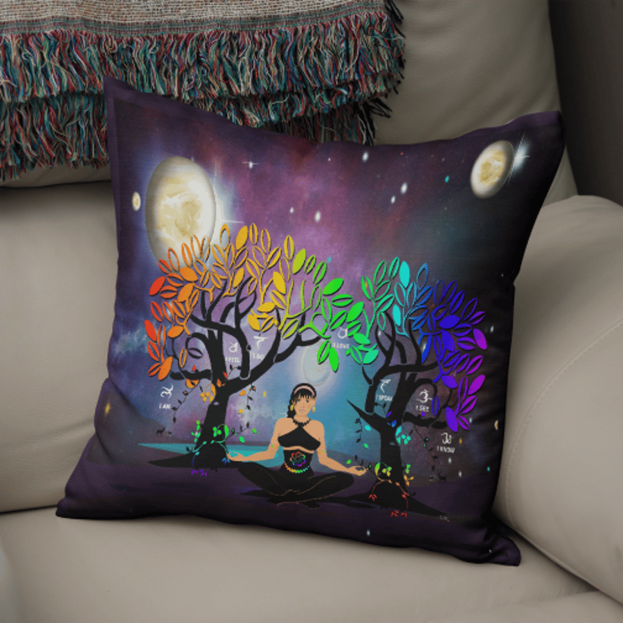 CUSHION - Poly Linen or Faux Vegan Suede - GALAXY TREE OF LIFE Chakra Meditation