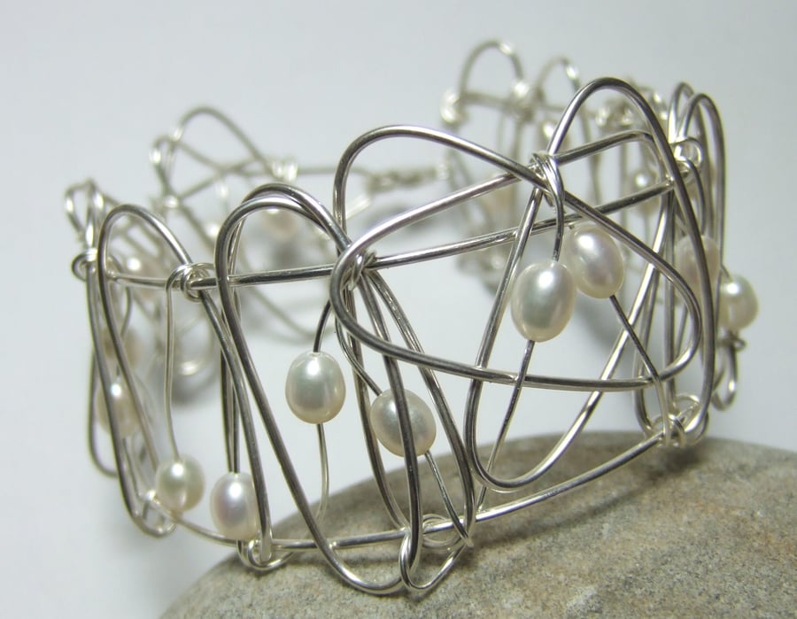 Pearl Cuff Bangle wire wrapped sterling silver