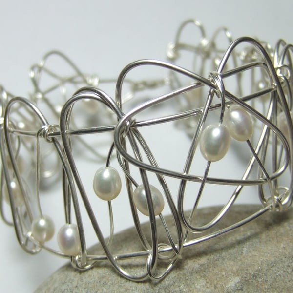Pearl Cuff Bangle wire wrapped sterling silver