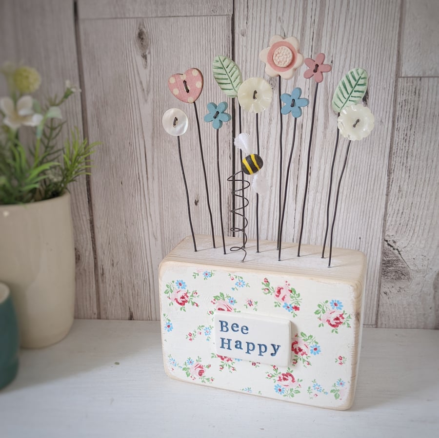 Clay and Button Flower Garden in a Decoupaged Wood Block 'Bee Happy'