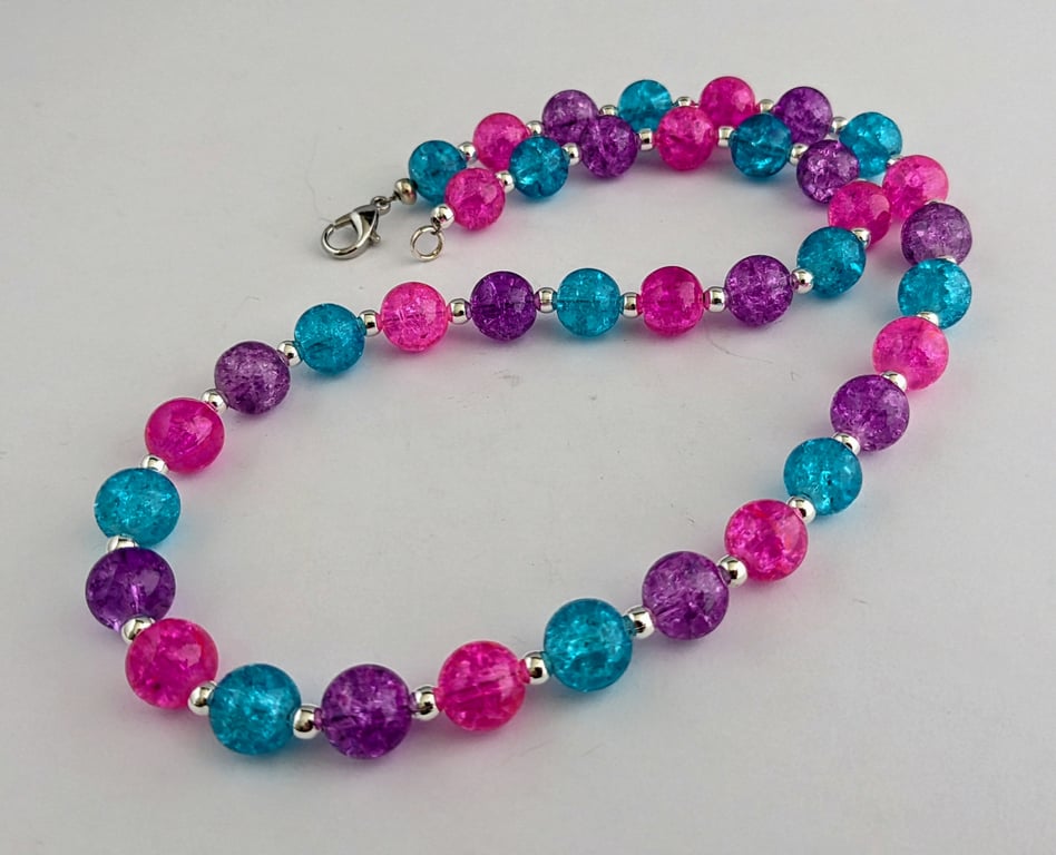 Pink, purple and turquoise crackle glass bead necklace - 1002730